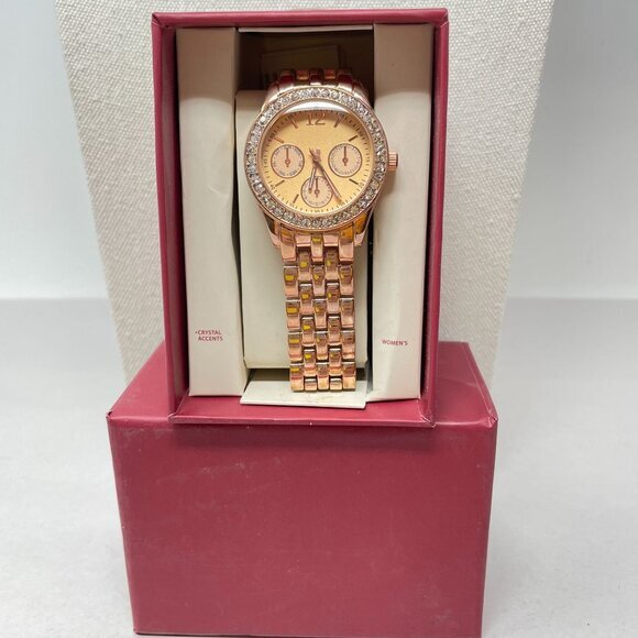 Merona Rose Gold-Tone Crystal Inlay Analog Womens Watch New - Picture 1 of 10